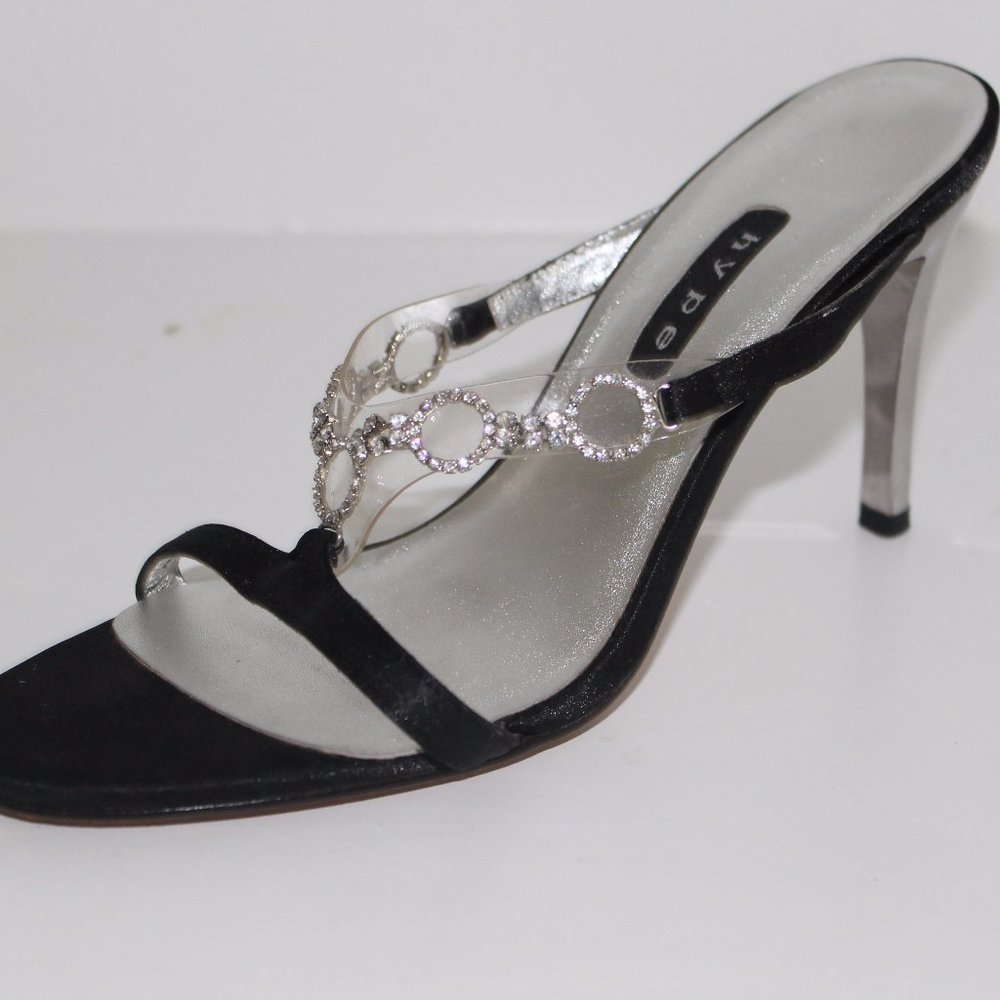 Hype Brand Silver Heels Jeweled Satin Black Pumps Womens Sling 6 M GORGEOUS